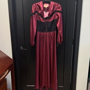 Vintage Inspired Elegant Burgundy and Black Long Lace Dress